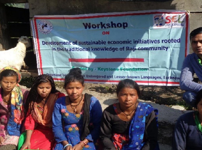 Raji female speakers of Khirdwari hamlet with our team member Ajay. Bhojan mata, Laxmi is second from the right.